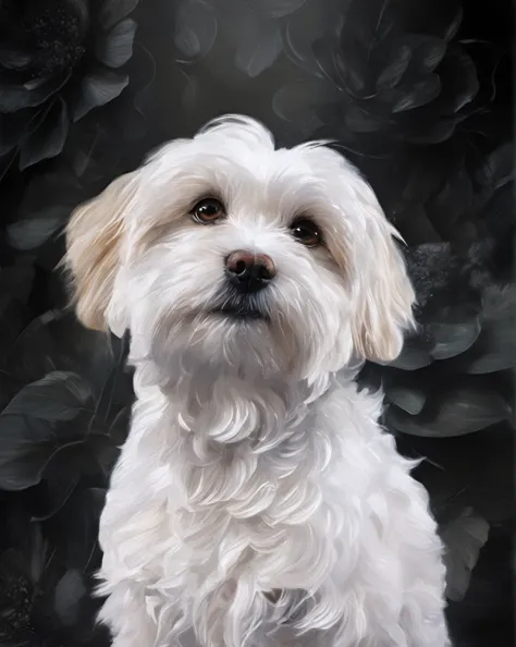 (very beautiful elaborate oil and watercolor painting), maltese bichon puppy looking straight, composition, sweet, realistic and...