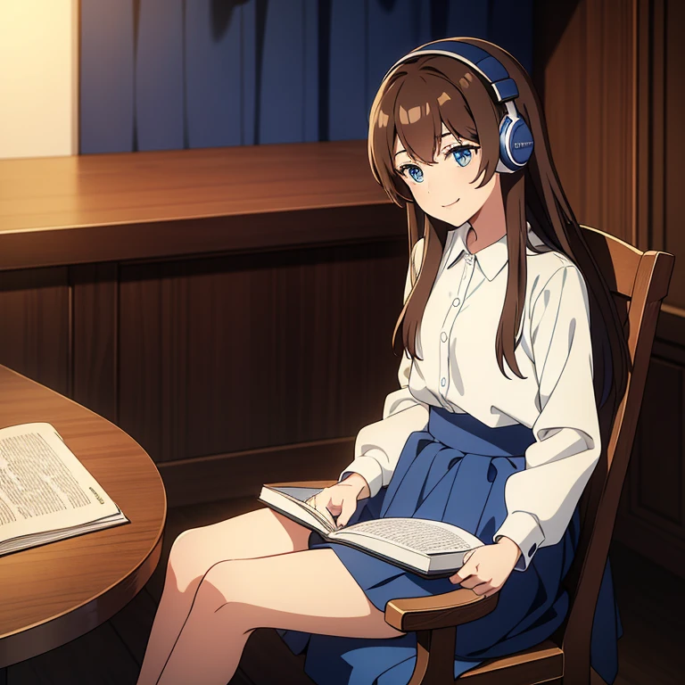 Masterpiece, 4K, best quality, One 20 years old girl, solo, has Blue eyes, beautiful eyes, has Brown long hair, dark brown hair, wears Blue long skirt, in the bedroom, sitting on a chair, in front of the table, wears black headphones on her head, listen music, One book on the table, smile