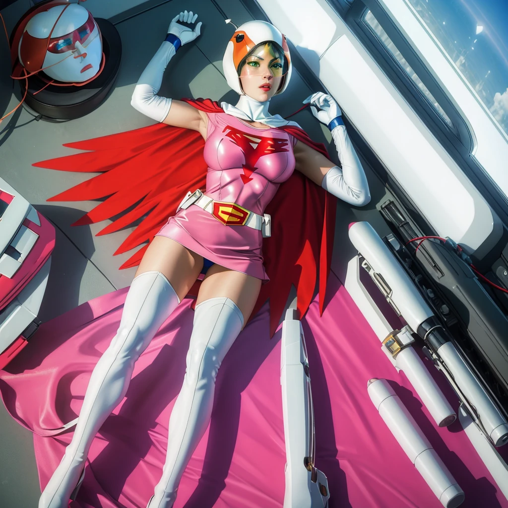 ANI_CLASSIC_jun_gatchaman_ownwaifu,1girl, 15 years old, good anatomy, masterpiece, best quality, realistic, hyperrealistic, 16k hdr, breasts, green eyes, lips, large breasts, lipstick, makeup, gloves, cape, helmet, belt, elbow gloves, white gloves, mask, ultra miniskirt, leotard, spacesuit, white tight overknee highheels boots, pink dress, superhero,bodysuit,(lying flat poses, view from above),pantyhose