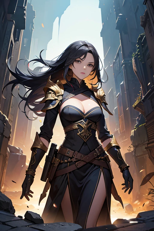 Highest quality, Official Art, masterpiece, Fabric Shading, High resolution, Very detailed, colorful, Best details, Fantasy, Battle Armor,1 female, Age 25, Multiple thieves,Fear and anxiety expression, Standing on the stairs,Inside the cave,Dark brightness,Choppy Hair, Large Breasts, skinny,Surrounded by a horde of bandits:1.9、Thief in Heat、I&#39;I&#39;m about to be attacked、Mysterious atmosphere、Camel Toe:1.3, Recall, Ground Level Shot:1.9,