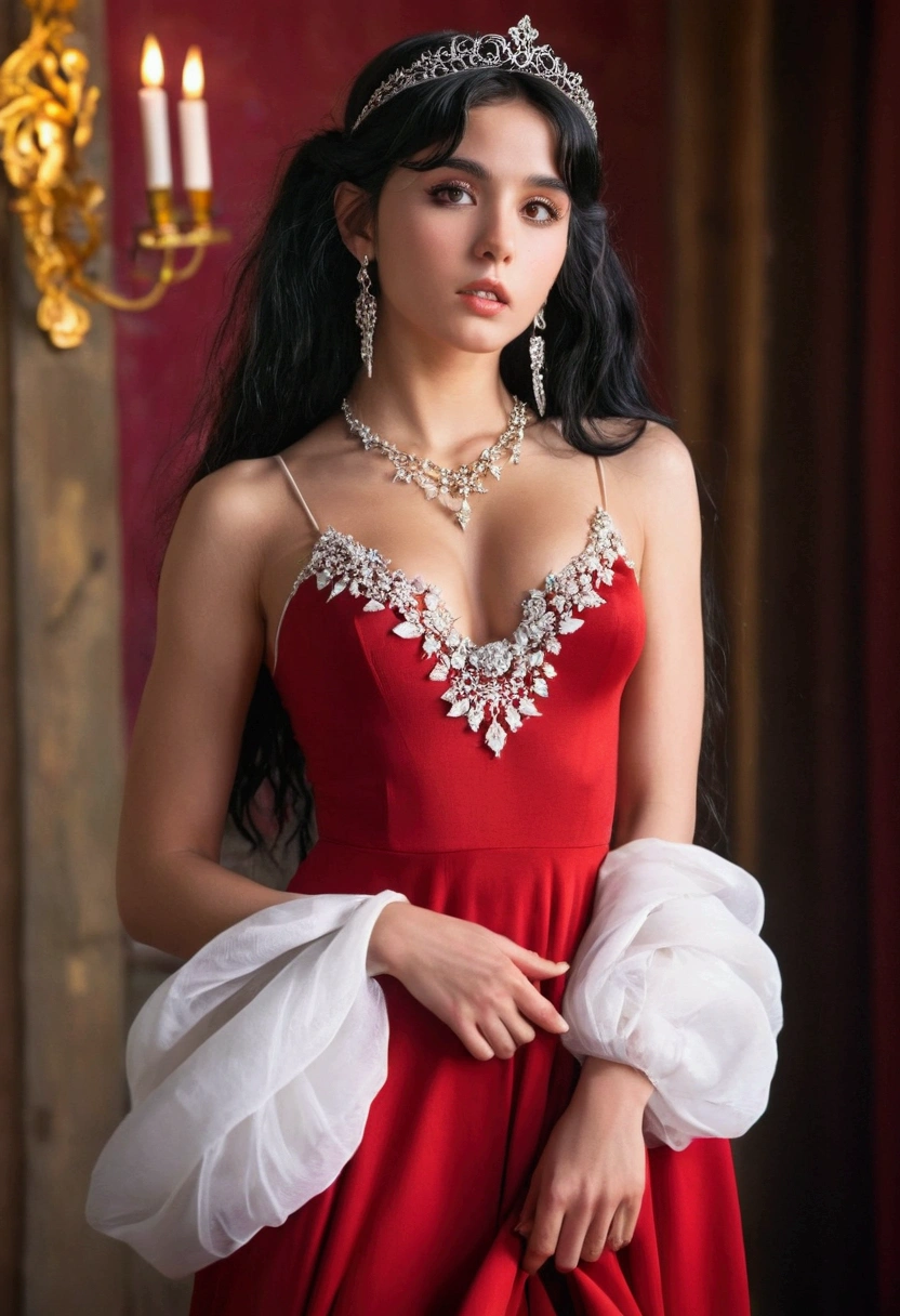 Beautiful 25-year-old gypsy, black hair, black eyes, white, sculptural body, vibrant red dress, long and very low-cut, no bra, sensual mouth, penetrating eyes, small rose tiara in her hair, jewelry, hoop earrings, cinematic lighting, perspective, Renaissance, anime, UHD, retina, high quality