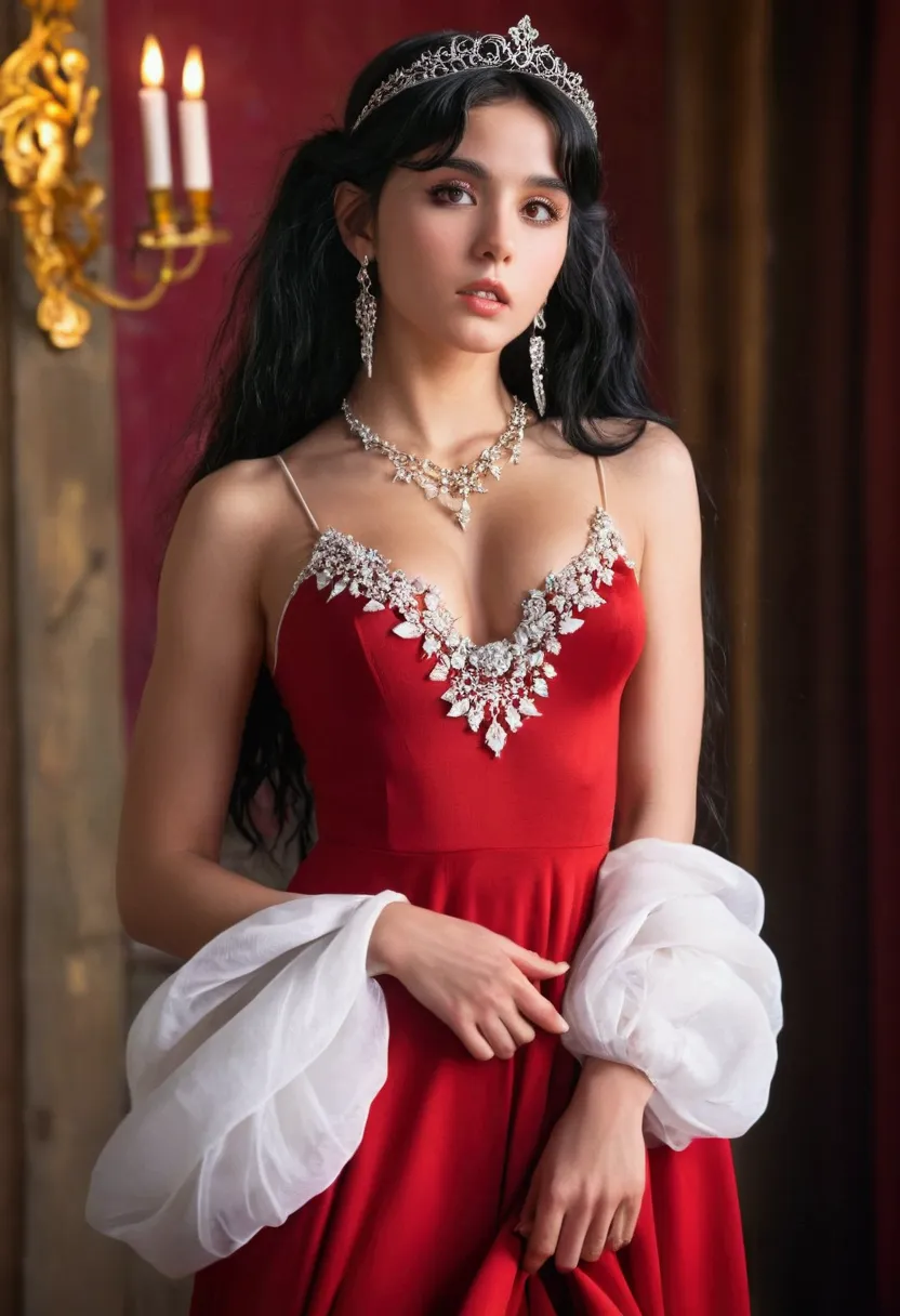 Beautiful 25-year-old gypsy, black hair, black eyes, white, sculptural body, vibrant red dress, long and very low-cut, no bra, s...