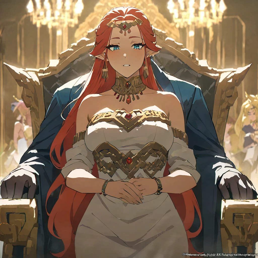 ((Highest quality)), ((masterpiece)), (detailed), （Perfect Face）、The woman is Queen Zelda of the Gerudo tribe, with blonde hair and blue eyes, and is wearing the luxurious dress of the Gerudo queen.、The man is a dignified, middle-aged man with a beard, strong red hair and dark skin, King Ganondorf, the king of the Gerudo tribe, and is wearing the luxurious attire of the Gerudo king.、A man and a woman are embracing each other on the luxurious throne of the Gerudo royal family.、A queen and a king in love