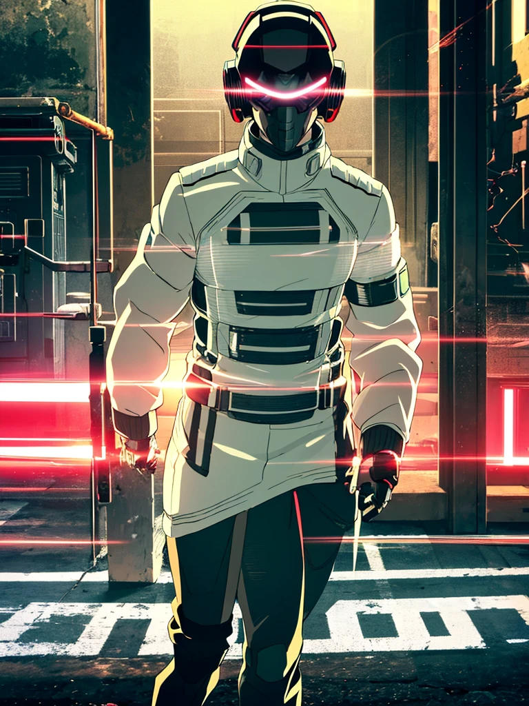 Male, fully cybernetic, full cyborg, military special forces cyborg, wearing tactical motorcycle jacket with LED collar, complete cybernetic body and fully cybernetic head, head covered by full-face visor, fully cybernetic form, robotic body, fully in frame, standing at attention, hands at sides, lone figure, sole person, Cyberpunk Edgerunners style