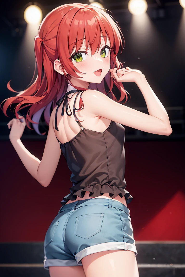 room, 1 Girl, Highest quality, Ultra-high resolution, Long Hair, Redhead, Green Eyes,Looking at the audience, Small breasts , Shy face、Watery eye, Open your mouth、Cowboy Shot、camisole、hot pants、Western-style room,Backwards、look back