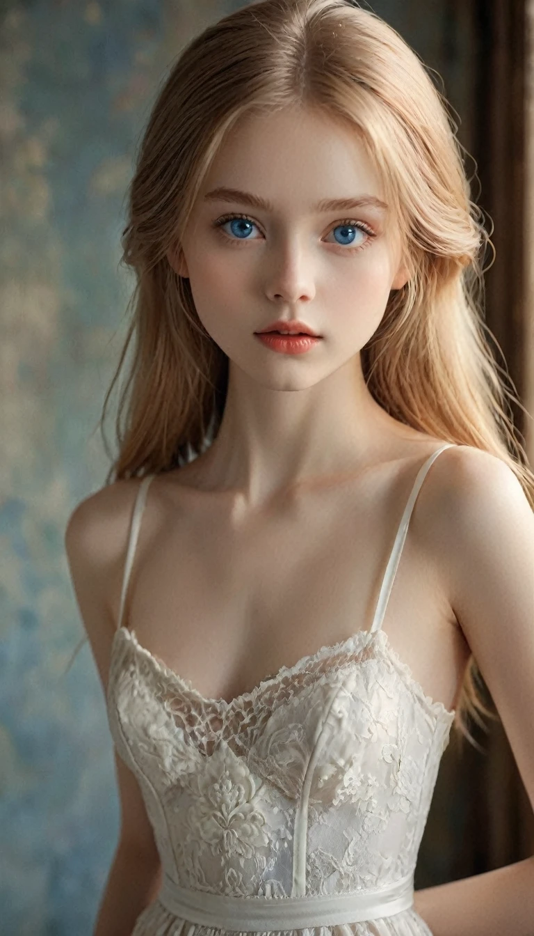 In a rococo atelier、(flat!!!! tiny!!!! chest), (16 years old girl), very young extremely!!!!!! pretty!!!!!!!!! beautiful!!!!!!! face, blue eyes, pale skin, Oil painting nude!!!! model, wears an open!!!!!! white slip dress, lingerie, anorexic!!!!!!, emaciated!!!!!!!!!!!!!, very skinny!!!!!!, (very short!!!!!!!!!!!!!!), tiny!!!!!. Highly detailed, 8K, short!!!!!!!!!, 1girll, boney!!!!!!, firered!!!!!! long straight hair, silver head!!!!!!!!!!!! , (Perfect_Face), Convoluted, Dramatic Lighting, 4K, Detailed_Background, Caustics, from a_Side!!!!!, (eye contact!!!!!), (looking at camera!!!!!!), shot focus on belly and the crotch, whole body shot:1.2,