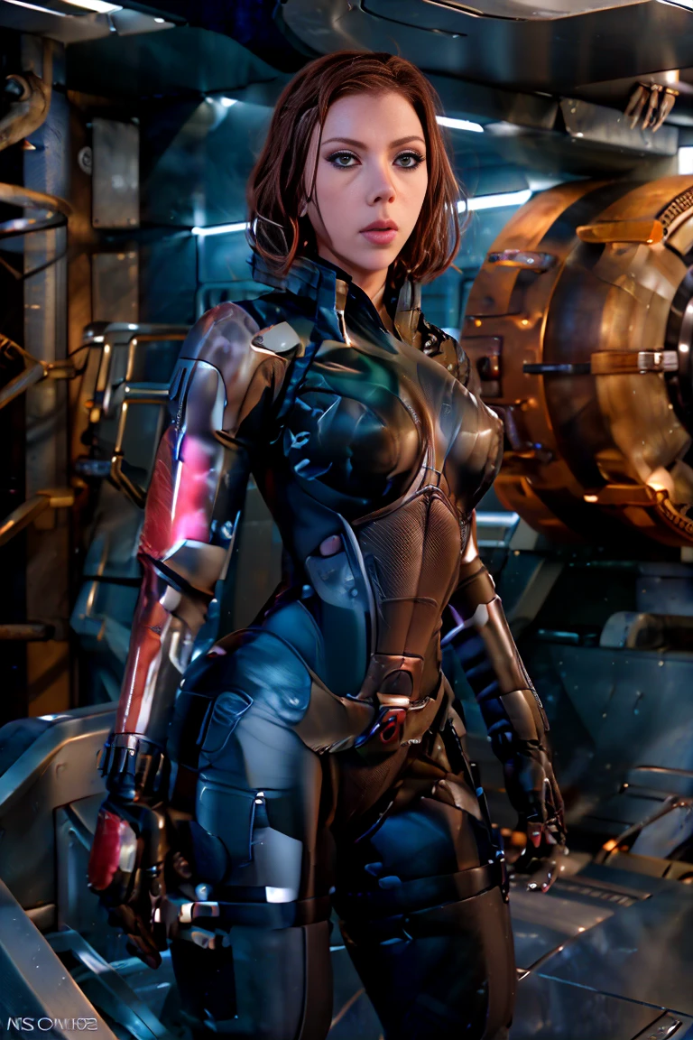 ((mejor calidad)), ((obra maestra)), ((Scarlett Johansson)) (detallado), cara perfecta, mujer juguetona de 20 años, Sensual pose. Dentro de una nave espacial, wearing highly detallado futuristic skimpy mass effect armor, grandes senos, cintura pequeña, grandes caderas, desnuda.