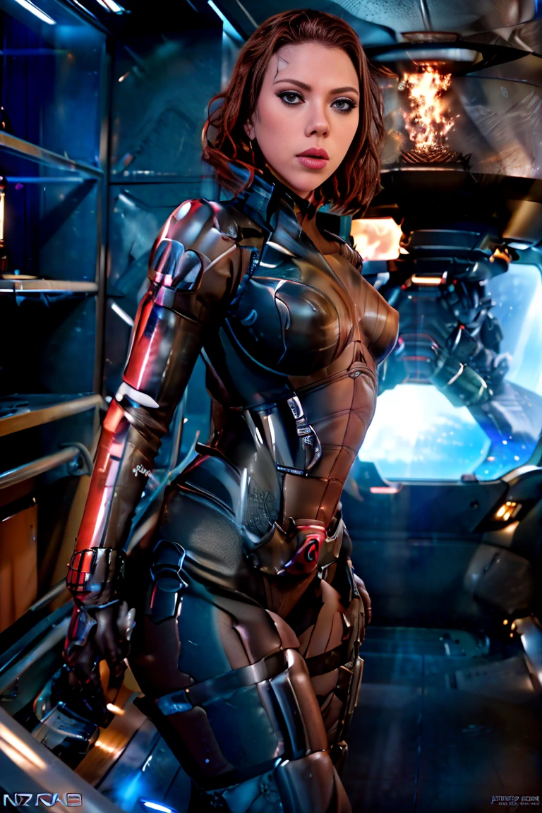 ((mejor calidad)), ((obra maestra)), ((Scarlett Johansson)) (detallado), cara perfecta, mujer juguetona de 20 años, Sensual pose. Dentro de una nave espacial, wearing highly detallado futuristic skimpy mass effect armor, grandes senos, cintura pequeña, grandes caderas, desnuda.