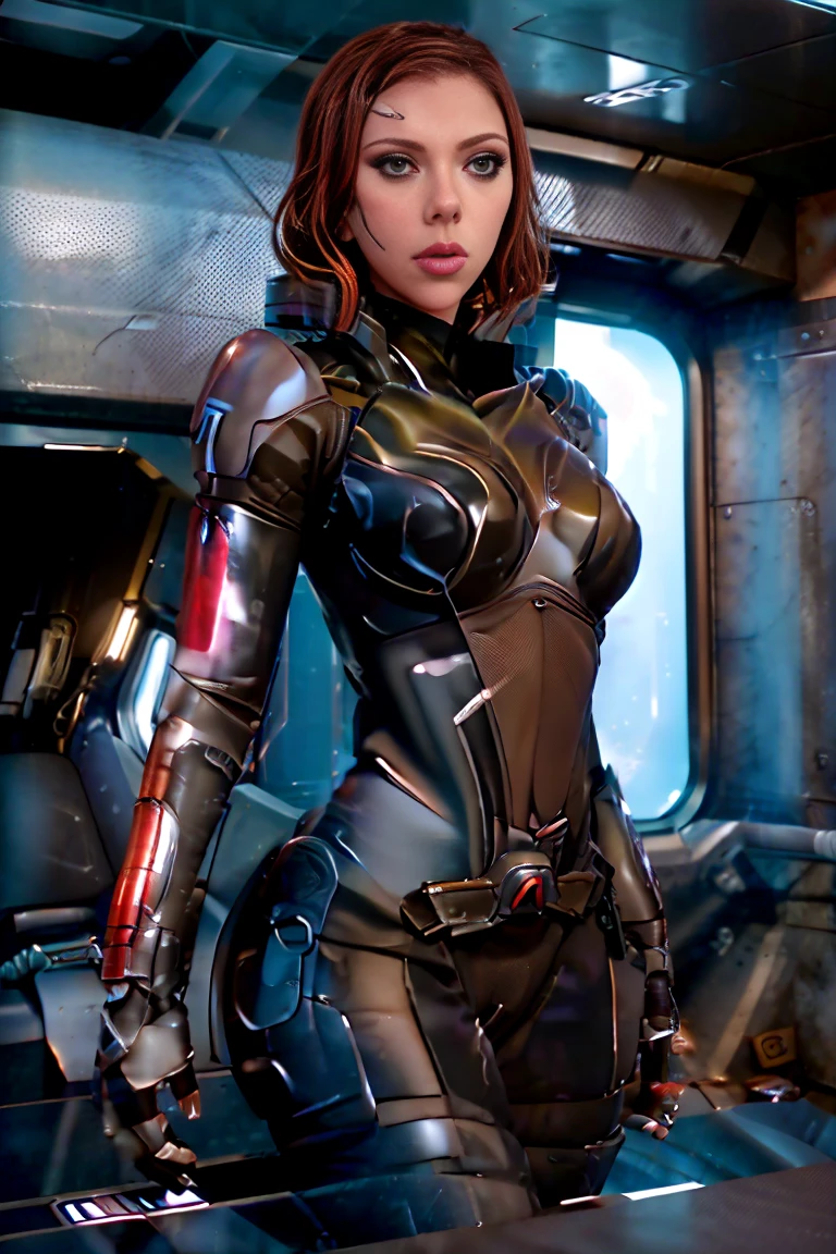 ((best quality)), ((masterpiece)), ((Scarlett Johansson)) (detailed), perfect face, playful 20 year old woman, Sensual pose. Inside a spaceship, wearing highly detailed futuristic skimpy mass effect armor, grandes senos, cintura pequeña, grandes caderas, desnuda.