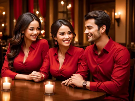 a couple in a candlelit restaurant, with the table decorated in shades of red. the man, wearing a red shirt, looks passionately ...