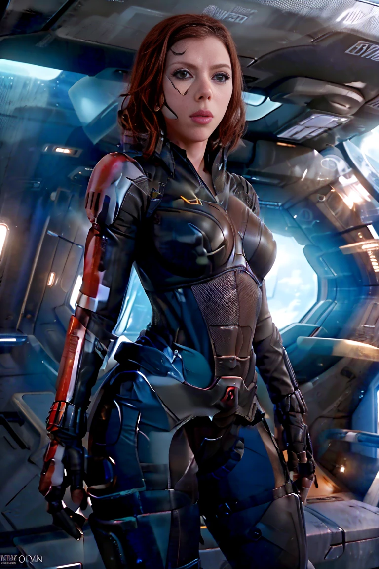 ((best quality)), ((masterpiece)), ((Scarlett Johansson)) (detailed), perfect face, playful 20 year old woman, Sensual pose. Inside a spaceship, wearing highly detailed futuristic skimpy mass effect armor, grandes senos, cintura pequeña, grandes caderas, desnuda.