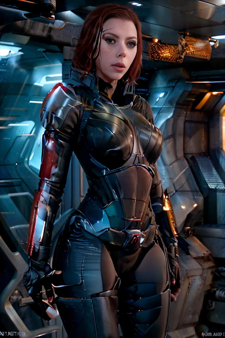 ((mejor calidad)), ((obra maestra)), ((Scarlett Johansson)) (detallado), cara perfecta, mujer juguetona de 20 años, Sensual pose. Dentro de una nave espacial, wearing highly detallado futuristic skimpy mass effect armor, grandes senos, cintura pequeña, grandes caderas, desnuda.