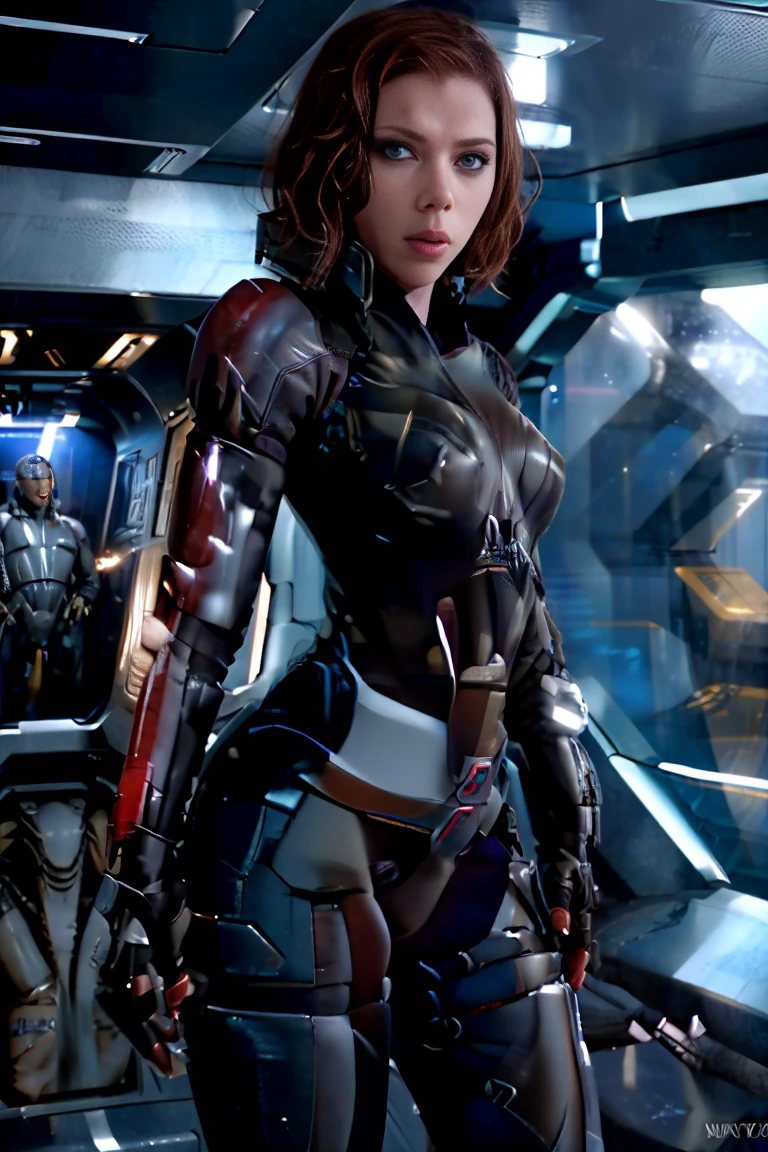 ((mejor calidad)), ((obra maestra)), ((Scarlett Johansson)) (detallado), cara perfecta, mujer juguetona de 20 años, Sensual pose. Dentro de una nave espacial, wearing highly detallado futuristic skimpy mass effect armor, grandes senos, cintura pequeña, grandes caderas, desnuda.