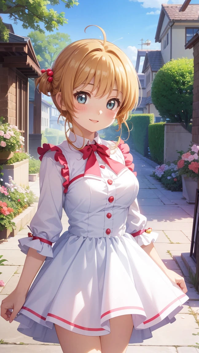 masterpiece, best quality, highres, 1girl, detailed face, blush, anime CG style, medium breasts, (18 year old girl:1.3), (aged up), good lighting, perfect body, sakura kinomoto, glossy lips, city, garden, light smile, idol dress