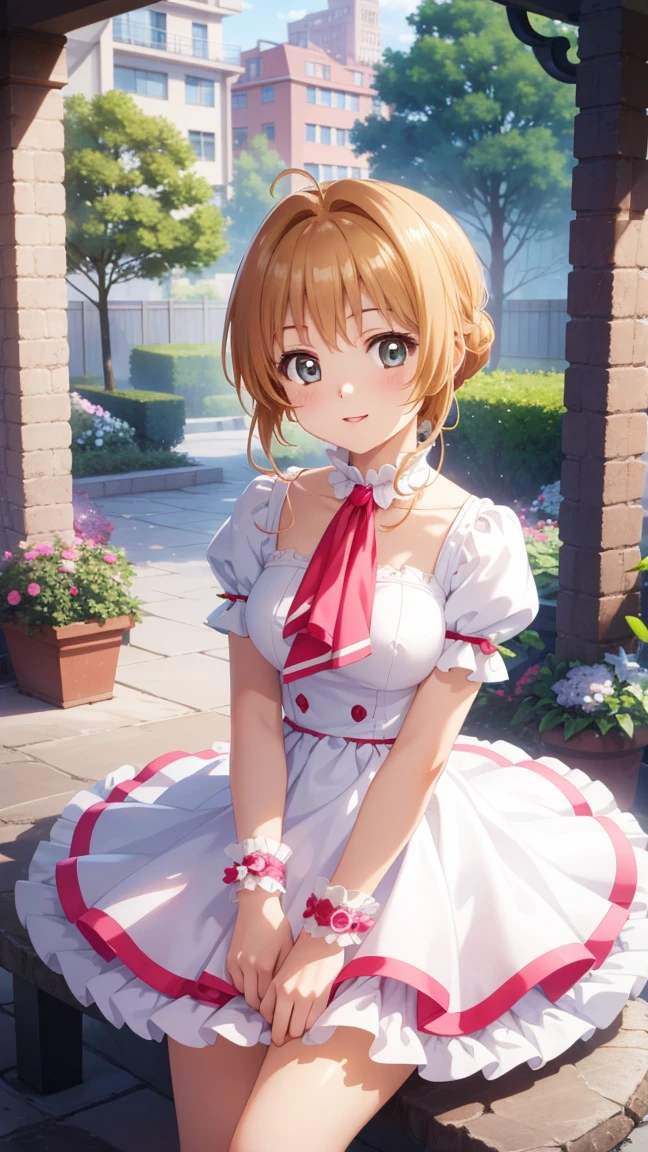 masterpiece, best quality, highres, 1girl, detailed face, blush, anime CG style, medium breasts, (18 year old girl:1.3), (aged up), good lighting, perfect body, sakura kinomoto, glossy lips, city, garden, light smile, idol dress