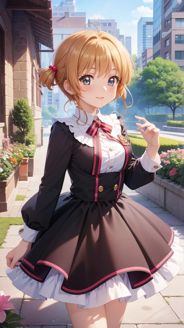 masterpiece, best quality, highres, 1girl, detailed face, blush, anime CG style, medium breasts, (18 year old girl:1.3), (aged up), good lighting, perfect body, sakura kinomoto, glossy lips, city, garden, light smile, idol dress