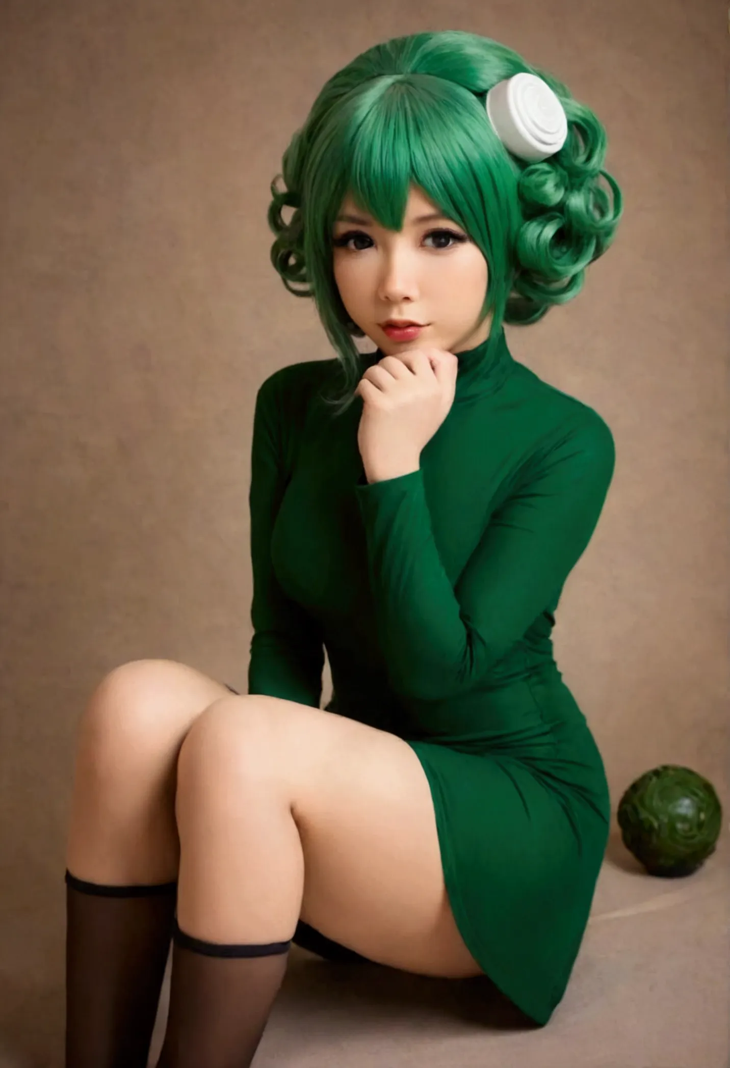 A cute woman in sexy cosplay as Tatsumaki