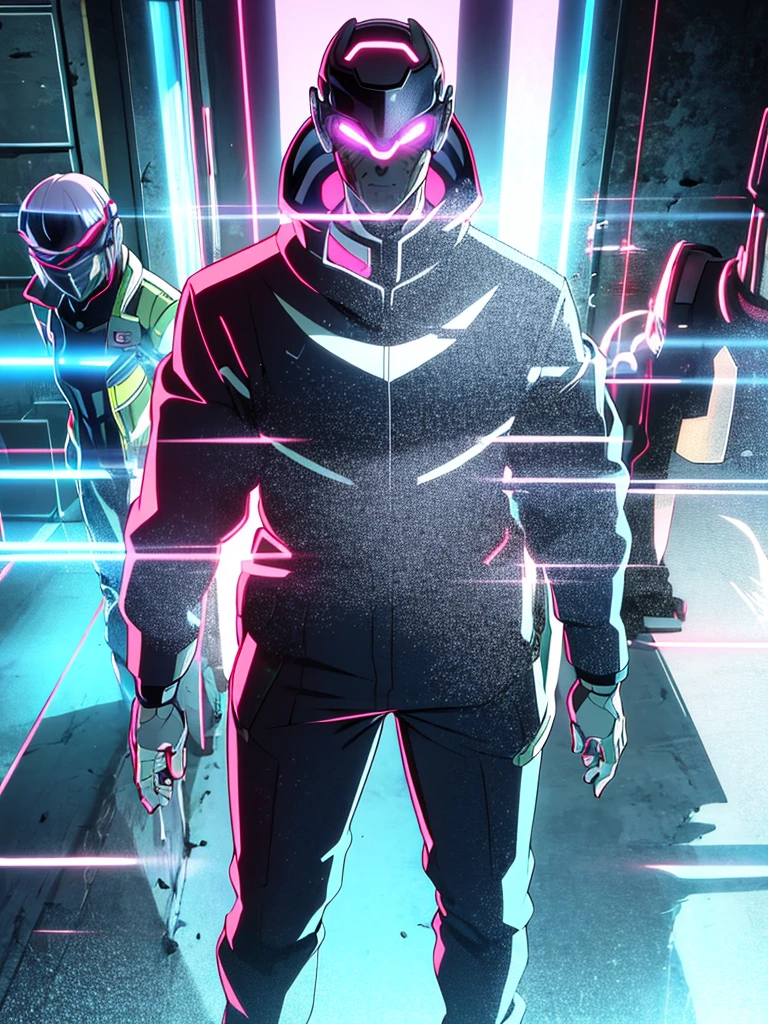 Male, fully cybernetic, enforcer cyborg, mercenary, wearing tactical coat with popped collar, complete cybernetic body and fully cybernetic head, head covered by full-face visor, fully cybernetic form, robotic body, fully in frame, standing at attention, hands at sides, lone figure, sole person, Cyberpunk Edgerunners style, use image for inspiration 