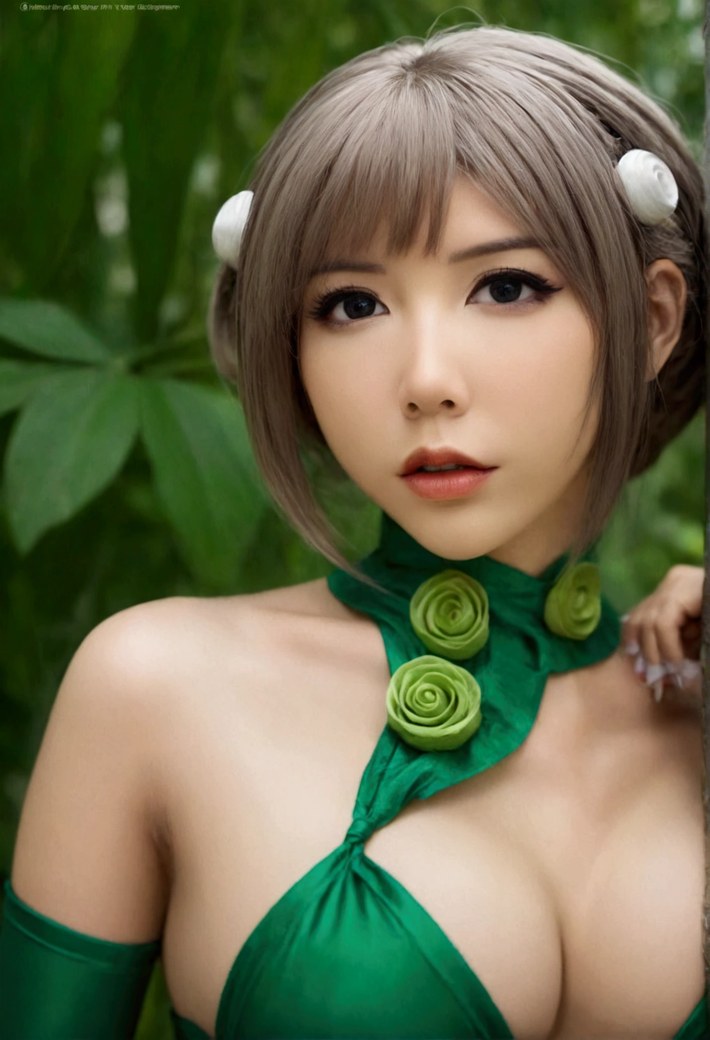 Una linda mujer en sexy cosplay como Tatsumaki, ángulo bajo mirando hacia arriba, hermosos ojos detallados, hermosos labios detallados, Cara y características extremadamente detalladas, Pestañas largas, traje intrincado detallado, pose dinámica, Iluminación realista, muy detallado, 8K, Fotorrealista, calidad profesional, Colores vibrantes, iluminación dramática, composición cinematográfica