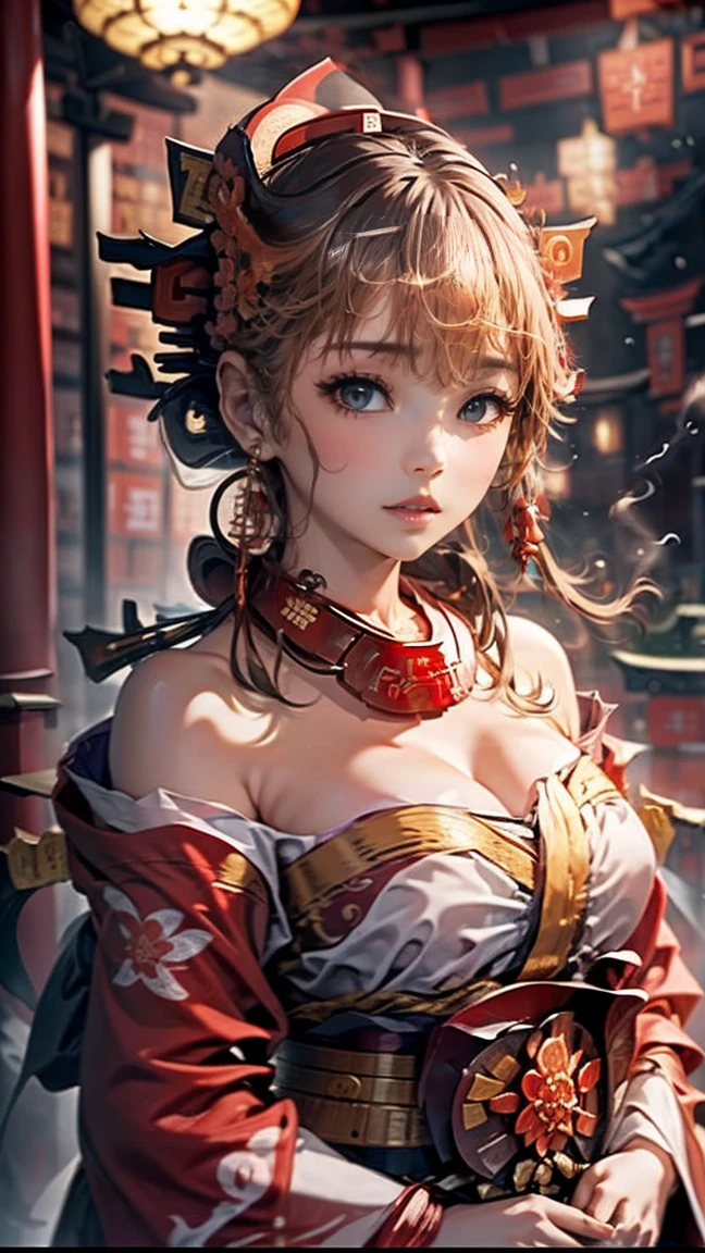 Highest quality、masterpiece、8K、Realistic、超High resolution、Very delicate and beautiful、High resolution、Cinema Lighting、Face close-up、Perfect female body、Big Breasts、Opposition、Looking at the audience、((Oiran、Gorgeous kimono、Vibrant colors、embroidery、band、hairpin、(Date Hyogotaka:1.8)、Gorgeous hair ornament、Powder Makeup、Red lips、Delicate hand movements、graceな姿勢))、parade、 the tatami、Golden Screen、fan、tent、Traditional beauty、A fleeting look、Smoke Tube、Elegant atmosphere、Historical background、Night view、Glossy feel、grace、Captivating Charm