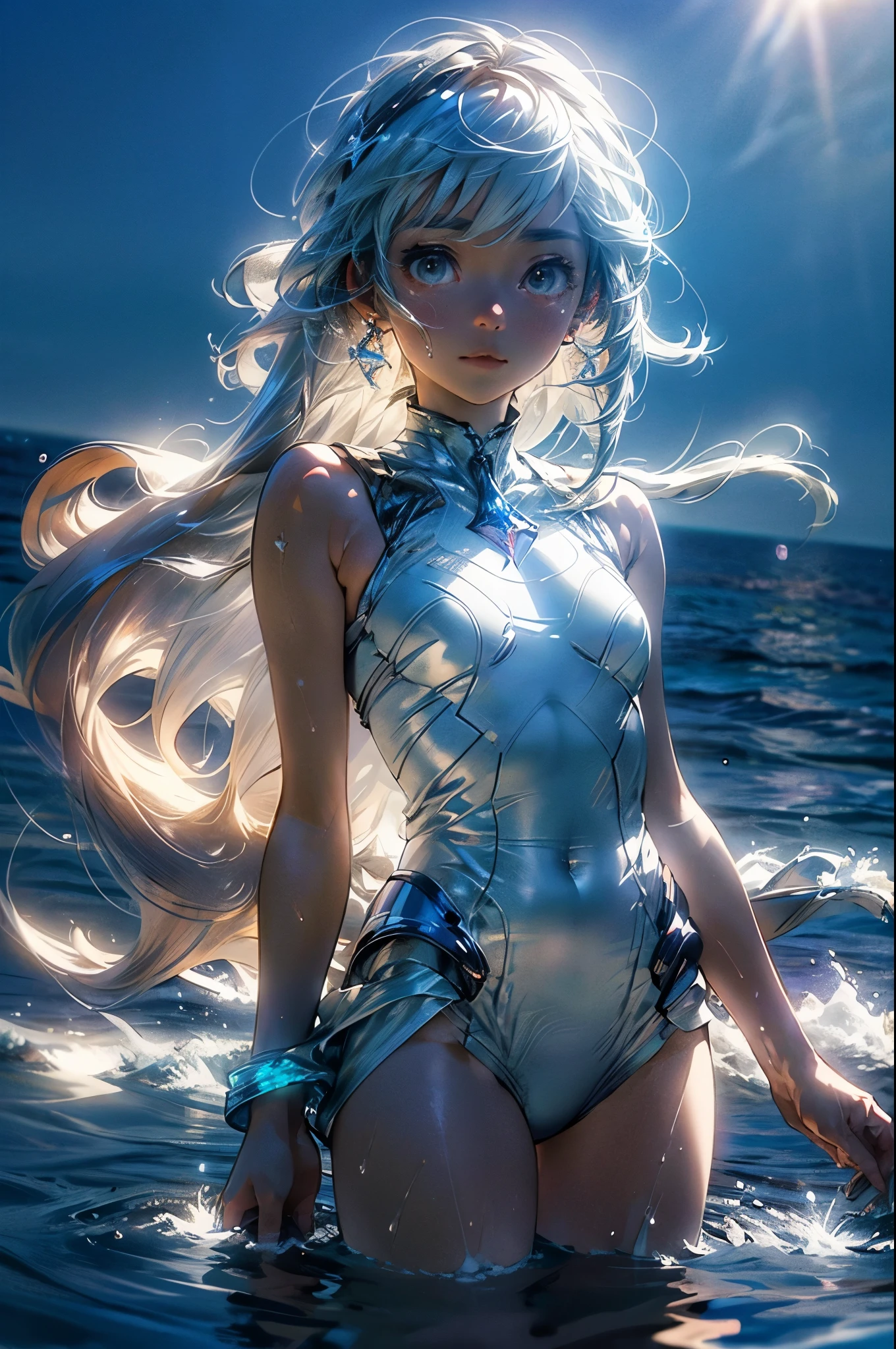 masterpiece, best quality, extremely detailed CG unity 8k wallpaper, Woman in swimsuit, 18-year-old, ((Floating comfortably on his back in the calm sea)), Dazzling sunlight, Octane Rendering Style, Overall particle light, Crystal clear seawater, Realistic representation of water, Bokeh