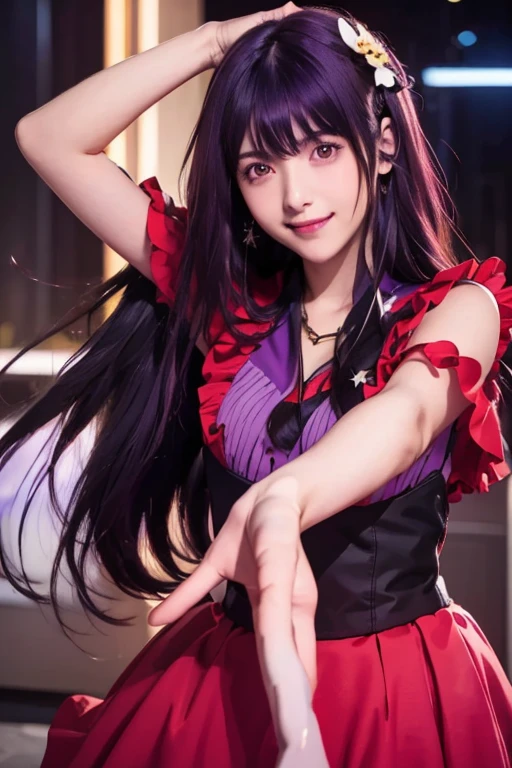 smile,(Highest quality)++,(masterpiece)++,(Super detailed)++,(High Resolution)++,(8K Portrait)++,Production art,hoshino ai, long hair, purple hair, streaked hair ,purple eyes, star-shaped pupils, hair ornament,(((Free pose、whole body)))、Idol Costumes、