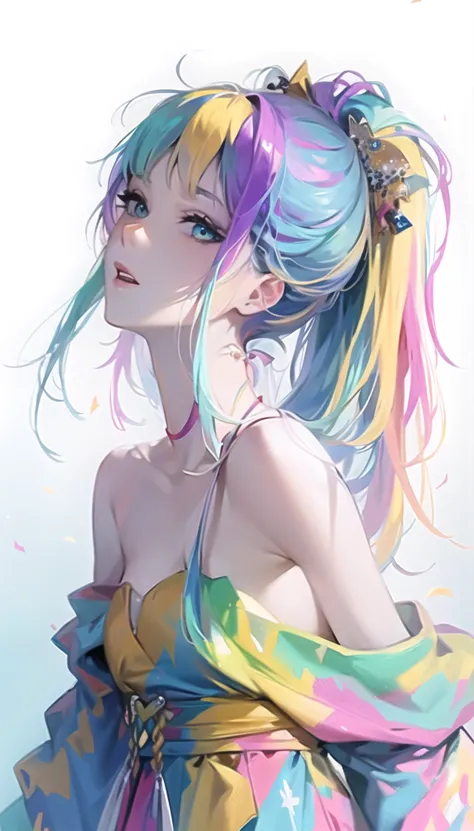 anime girl with colorful hair and colorful dress, rossdraws pastel vivid, rossdraws cartoon vibrant, anime style 4k, beautiful a...