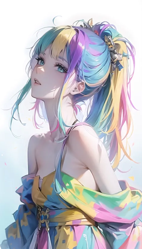 anime girl with colorful hair and colorful dress, rossdraws pastel vivid, rossdraws cartoon vibrant, anime style 4k, beautiful a...