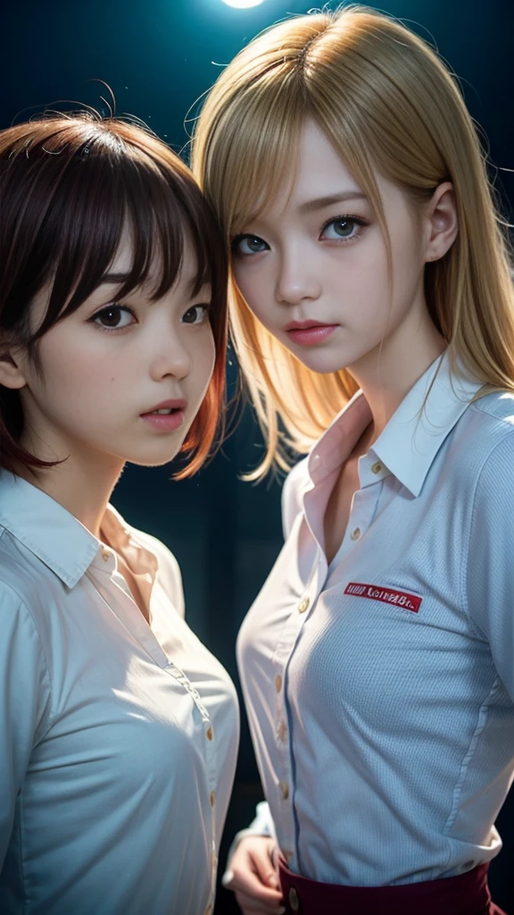 (Natural strawberry blonde and redhead girls with pretty faces), Cute pose, wearing a button shirt,  body, skinny, Atmospheric, Dark atmosphere, Edge lighting, Sayaka Yamamoto, Saito Asuka, Mao Akiyama&#39;s facial features, 8K, Full body portrait, Elegant outfit, Natural light, Spooky greenhouse at night, Sharp focus, (Highly detailed eyes and face, Professional photography techniques), (Beautiful small face, beautiful girl, high school student, Idol Face, Baby Face:1.4), smile, Happy, K UHD, Hmph, Beautiful and soft skin, Vibrant Skin, blush, (Chirarizum:1.3, Unbutton your shirt:1.2), (Captivating Beautiful Breasts), Cleavage, (Small beautiful butt), The optimal ratio is four fingers to one thumb, Perfect proportions, (Perfect Anatomy:1.3), (Highest quality, Masterpiece, Highest quality, Ultra high definition, Photorealism:1.4), ((French Kiss:1.5, Touching the chest:1.4))