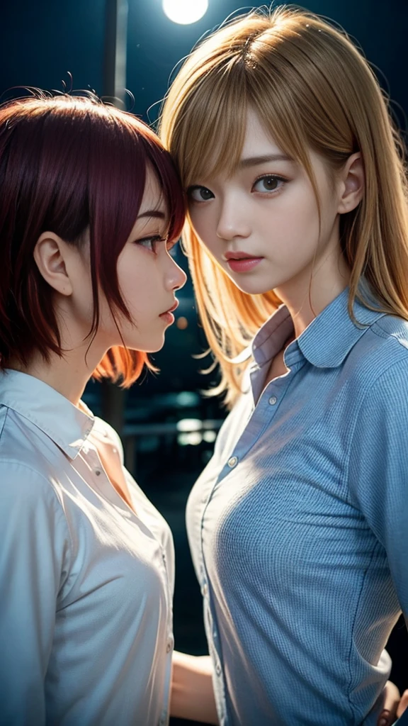 (Natural strawberry blonde and redhead girls with pretty faces), Cute pose, wearing a button shirt,  body, skinny, Atmospheric, Dark atmosphere, Edge lighting, Sayaka Yamamoto, Saito Asuka, Mao Akiyama&#39;s facial features, 8K, Full body portrait, Elegant outfit, Natural light, Spooky greenhouse at night, Sharp focus, (Highly detailed eyes and face, Professional photography techniques), (Beautiful small face, beautiful girl, high school student, Idol Face, Baby Face:1.4), smile, Happy, K UHD, Hmph, Beautiful and soft skin, Vibrant Skin, blush, (Chirarizum:1.3, Unbutton your shirt:1.2), (Captivating Beautiful Breasts), Cleavage, (Small beautiful butt), The optimal ratio is four fingers to one thumb, Perfect proportions, (Perfect Anatomy:1.3), (Highest quality, Masterpiece, Highest quality, Ultra high definition, Photorealism:1.4), ((French Kiss:1.5, Touching the chest:1.4))