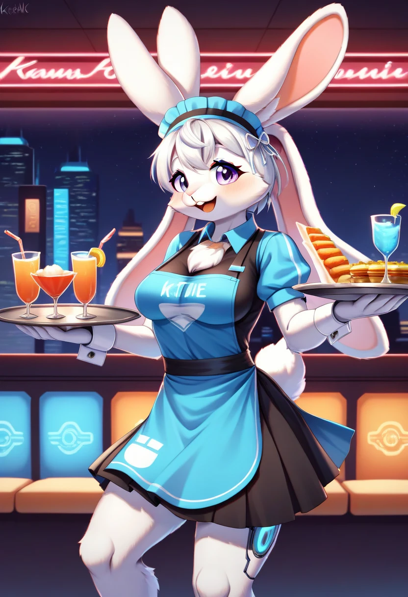 ((Masterpiece)), ((Best Quality)), (Very Detailed), ((Very Detailed)), 4K, (8K), very aesthetic, absurdres highres, 1girl, (anthropomorphic rabbit, furry, kemono:1.8), Virtual waitress, hologram waitress, cute uniform, white ribbon, apron, fast food restaurant, futuristic design, neon lights, digital menu, smile, customer greeting, holding tray, pink, blue, white, glass reflection, metal reflection, advanced technology, cheerful, cyborg style, cyborg, android,
