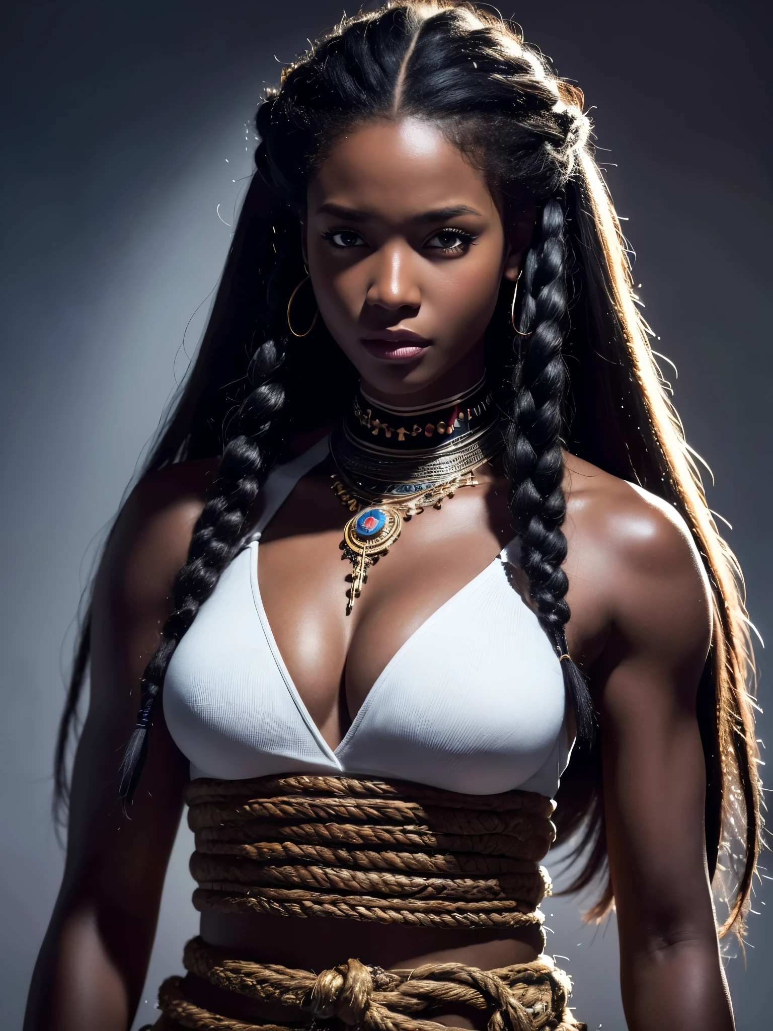  A tall, muscular African woman wearing traditional warrior attire, She has big, long hair with braids,White hair Dark skin, white eyes, (best quality,4k,8k,highres,masterpiece:1.2),ultra-detailed,(realistic,photorealistic,photo-realistic:1.37),portrait,concept art,dramatic lighting,vivid colors,intricate details, (Avoid deformed and poorly drawn eyes)