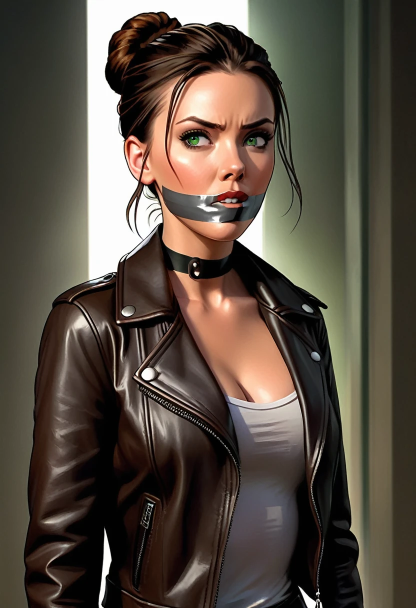 graphic novel illustration, photorrealistic, 1 girl (Scarlett Johansson:0.5|Megan Fox:0.5), shoulder-length brown hair in a bun, greeneyes, leather jacket, fearow, tape gag, standing alone, gagged ,ultra high resolution, ultra detali, 8k hd, dslr, soft lighting, high qualiy, Focus on her face