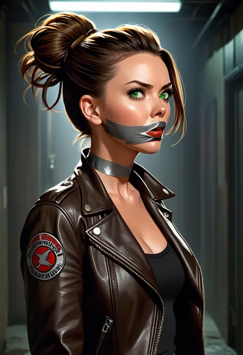 graphic novel illustration, photorrealistic, 1 girl (scarlett johansson:0.5|megan fox:0.5), shoulder-length brown hair in a bun,...