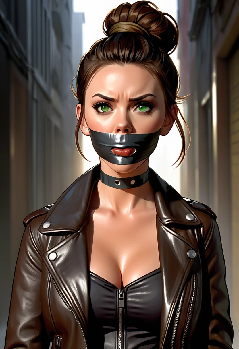 graphic novel illustration, photorrealistic, 1 girl (Scarlett Johansson:0.5|Megan Fox:0.5), shoulder-length brown hair in a bun, greeneyes, leather jacket, fearow, tape gag, standing alone, gagged ,ultra high resolution, ultra detali, 8k hd, dslr, soft lighting, high qualiy, Focus on her face