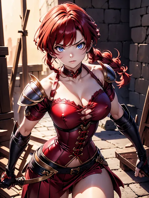 garota anime sexly com cabelo ruivo com trança curta com armadura red, armor itself, 15year old, fluffy body, fluffy breasts, po...