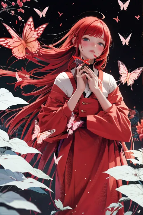 girl、red hair、butterfly、hanafuda