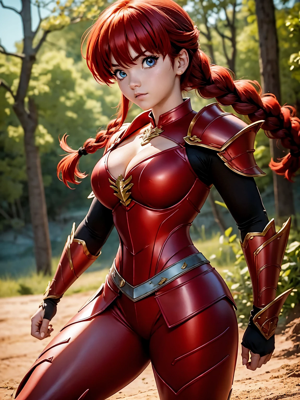 Garota anime sexly com cabelo ruivo com trança curta com armadura red, armor itself, 15year old, fluffy body, fluffy breasts, pose de luata, combat stance, garota sexly, red hair and braid, locks of hair on the side of the face, beautiful lighting, softshadows, blue colored eyes, pretty legs, short-hair, anime styling, ranma chan, Autora Rumiko Takahashi, Based on a work by Rumiko Takahashi, Anime Ranma 1/ 2, sexly, robust hip, fully body, busto sexly, young man with beautiful body, garota de 15year old jovem baixa estatura, wearing red armor and black corset, martial arts warrior with armor, anime girl, anime styling, plein-air, postura sexly, body in fighting stance, eyes large, bright red hair