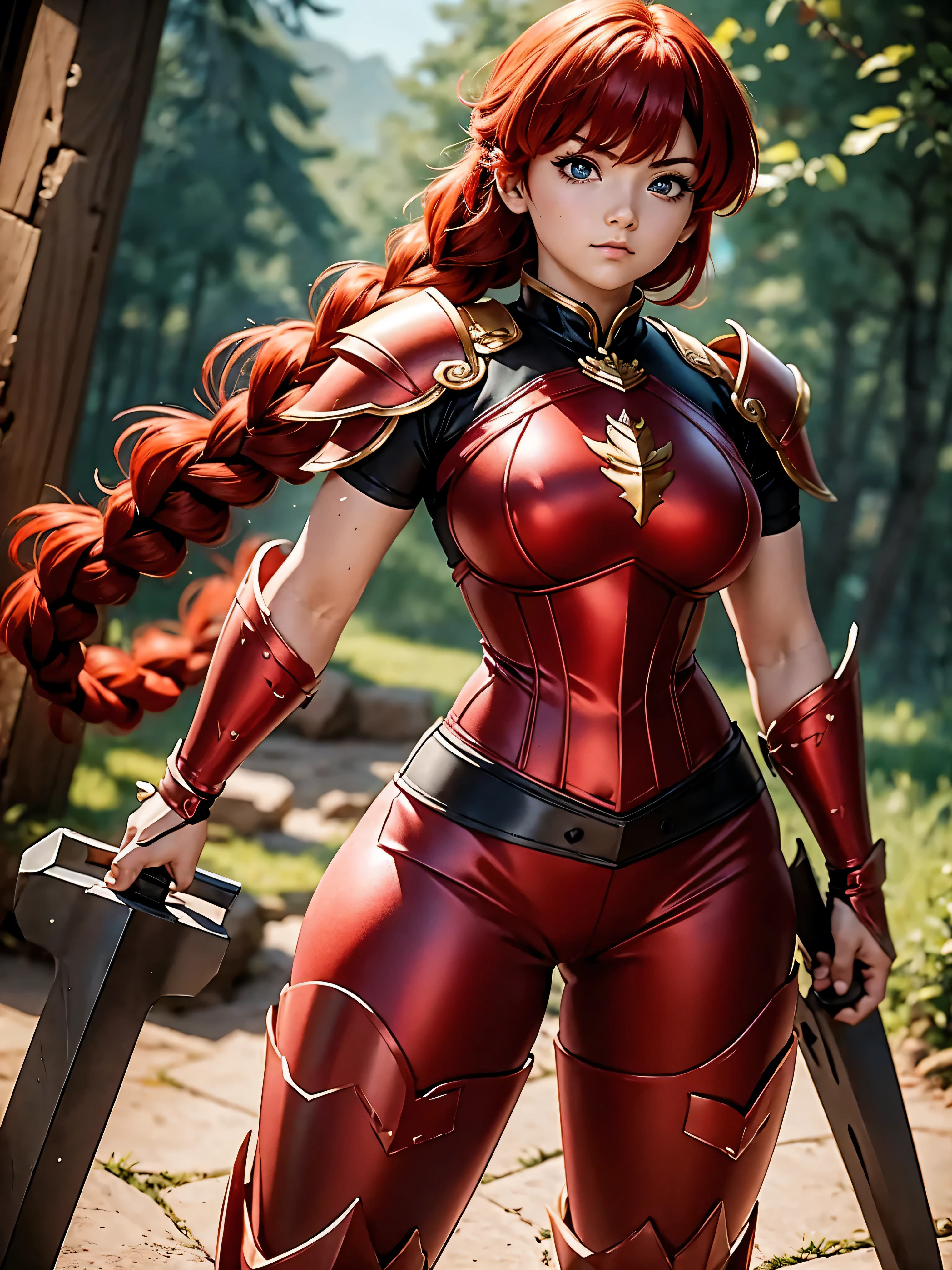 Garota anime sexly com cabelo ruivo com trança curta com armadura red, armor itself, 15year old, fluffy body, fluffy breasts, pose de luata, combat stance, garota sexly, red hair and braid, locks of hair on the side of the face, beautiful lighting, softshadows, blue colored eyes, pretty legs, short-hair, anime styling, ranma chan, Autora Rumiko Takahashi, Based on a work by Rumiko Takahashi, Anime Ranma 1/ 2, sexly, robust hip, fully body, busto sexly, young man with beautiful body, garota de 15year old jovem baixa estatura, wearing red armor and black corset, martial arts warrior with armor, anime girl, anime styling, plein-air, postura sexly, body in fighting stance, eyes large, bright red hair