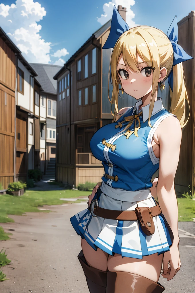 asterpiece, best quality, highres, lucy heartfilia, blonde hair, long hair, side ponytail, blue ribbon, large breasts, earrings, thigh boots, blue shirt, sleeveless shirt, white skirt, standing, outdoors, town, house, cowboy shot, looking at viewer,