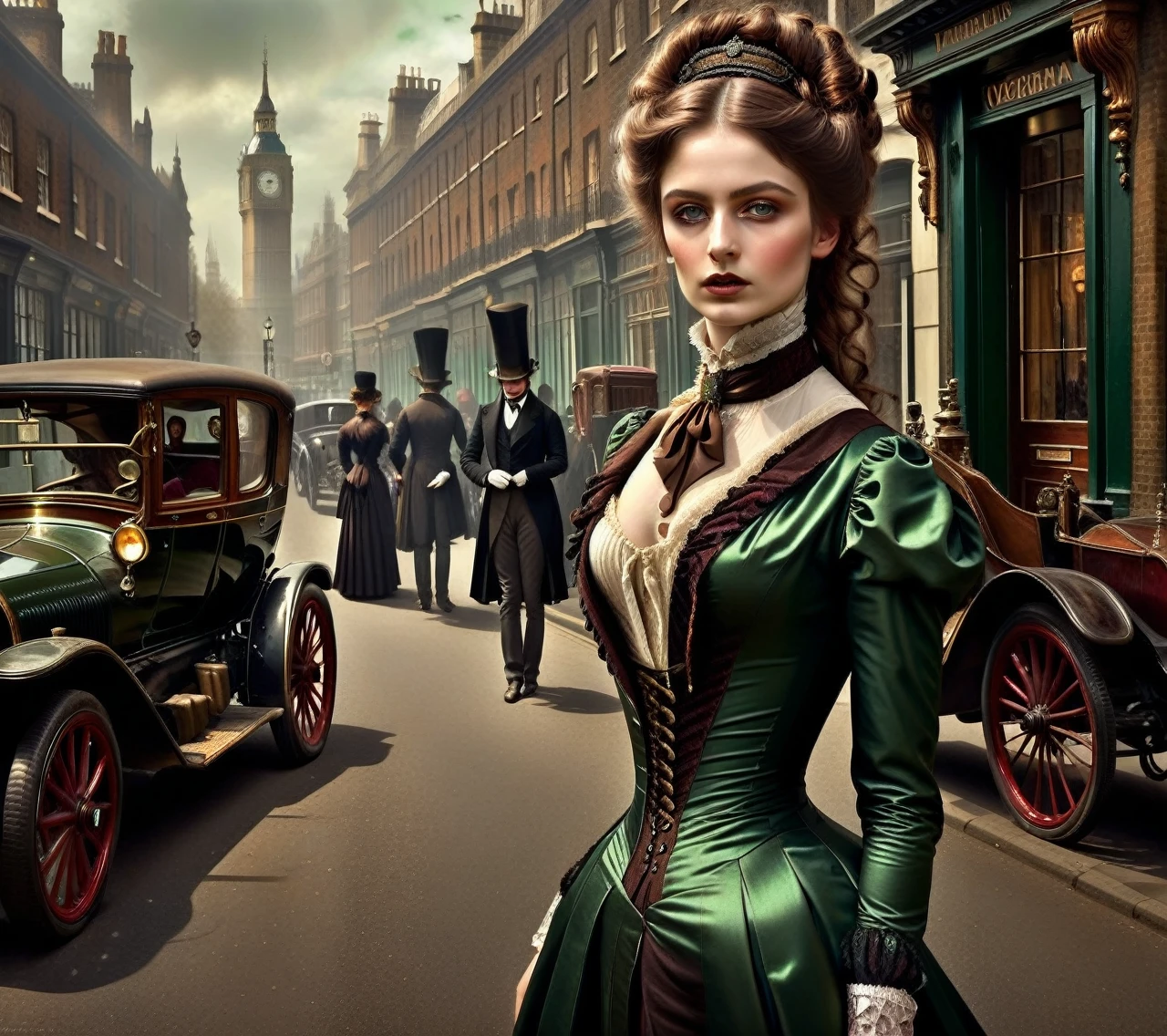 VictorianPunkAI fashion, Highly detailed woman, detailed dark green eyes, brown hair tied up, incredible, Stunning lighting, vibrant colors, background of a London street, passers-by and period cars, Ultra realistic, High quality, Highly detailed, trends in the art season , 8k. HDR.