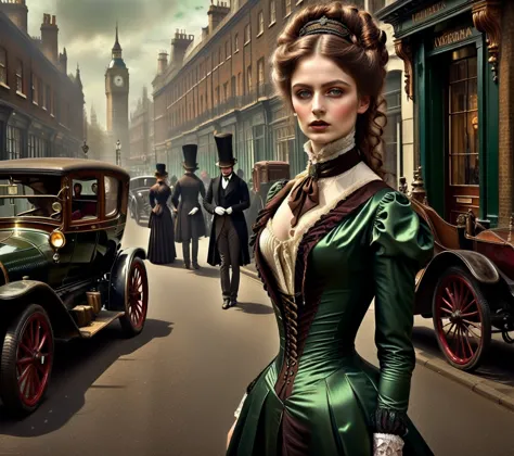 VictorianPunkAI fashion, Highly detailed woman, detailed dark green eyes, brown hair tied up, incredible, Stunning lighting, vib...