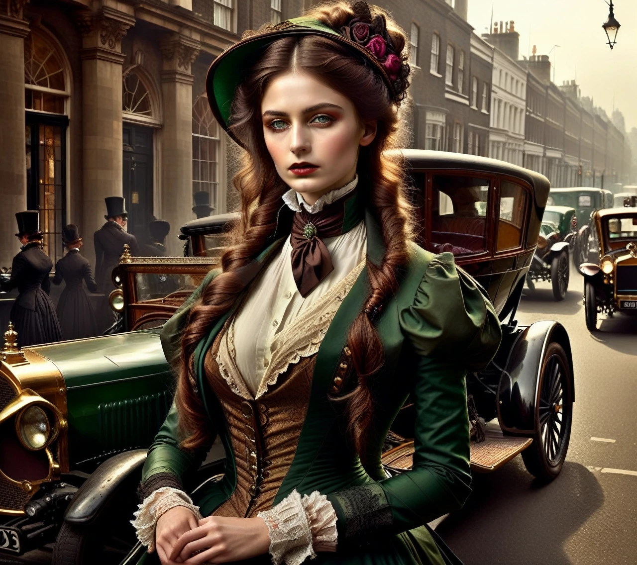 Moda VictorianPunkAI, Altamente detalhado woman, Olhos verde-escuros detalhados, cabelos castanhos amarrados, incrível, Iluminação deslumbrante, cores vibrantes, fundo de uma rua de Londres, passantes e carros de época, Ultra realistic, alta qualidade, Altamente detalhado, Tendências na temporada de arte , 8K. HDR.