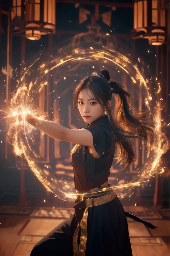 Aura of a person,using Magical people,Magical people,Ancient costumes,Dancing,alone,One girl,fire,Long Hair,ponytail,