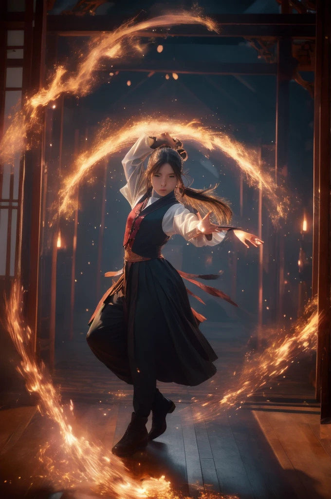 Aura of a person,using Magical people,Magical people,Ancient costumes,Dancing,alone,One girl,fire,Long Hair,ponytail,