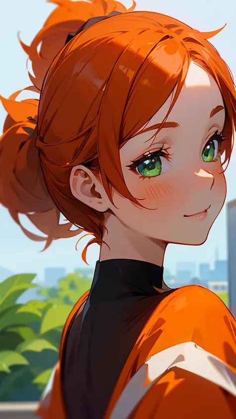 1 girl、orange clothes、orange hair、ponytail、beautiful green eyes、smile、profile、face close-up、morning cafe terrace、background blur...