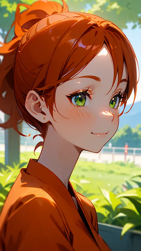 1 girl、orange clothes、orange hair、ponytail、beautiful green eyes、smile、profile、face close-up、morning cafe terrace、background blur...