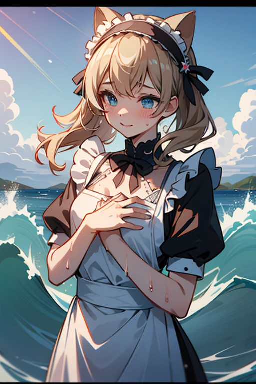 (Super best quality), (Highest quality), (Attention to detail), 
Maid clothes, White apron, Headband, (Fashionable clothes)
Gothic Dress, ribbon, Maid clothes, (白と黒のMaid clothes)
Ocean, Beach, (Wave, Wave打ち), 高Wave, 荒Wave, In the water, (Waterlogged), Water Play, 
((Even my clothes are wet 1.1))((Even my clothes are soaked in water)), (Water drop 1.1), Soaking wet, ((Deep water depth)) ((Deeply immersed)), ((Immersed in water up to the chest:1.6))
Blonde, Blue Eyes, Cat ear, tail, cute, Naughty, The best smile, Water droplets all over the body((全身にWater drop 1.1)), Long, Water drops on my arms, Water drips from the clothes, Small breasts, Less exposure, Floating offshore, The clothes are sinking, 