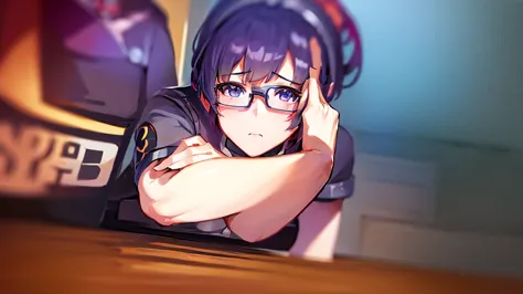 anime girl in a short skirt and glasses sitting on a desk, an anime drawing by Yang J, pixiv, what is?, seductive anime girl, (s...