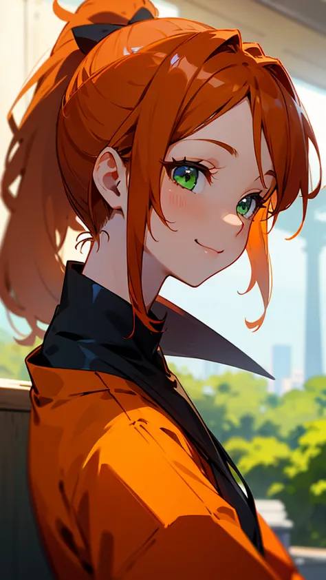 1 girl、orange clothes、orange hair、ponytail、beautiful green eyes、smile、profile、face close-up、morning cafe terrace、background blur...